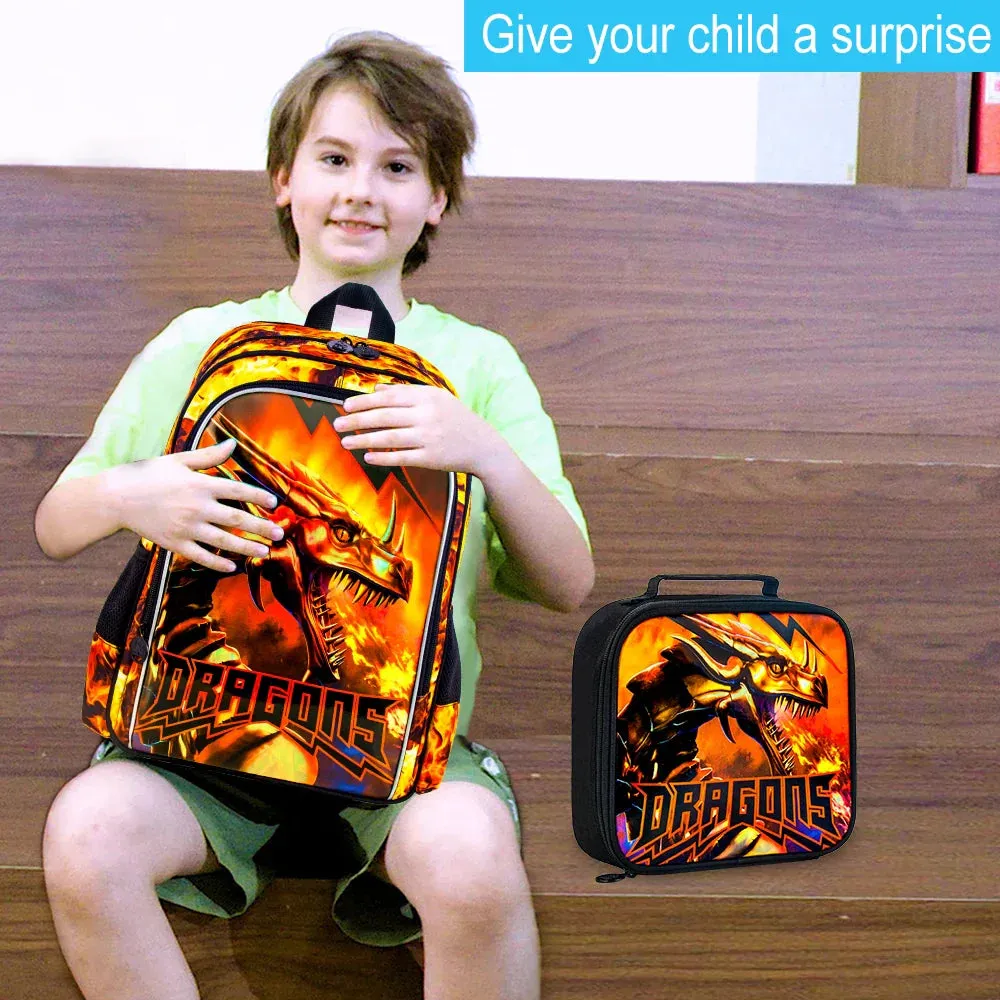 3 Piece Boys Backpack Set For Elementary School Dragon Design