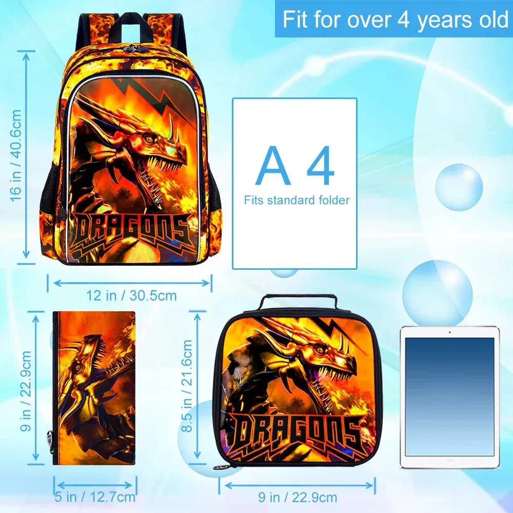 3 Piece Boys Backpack Set For Elementary School Dragon Design