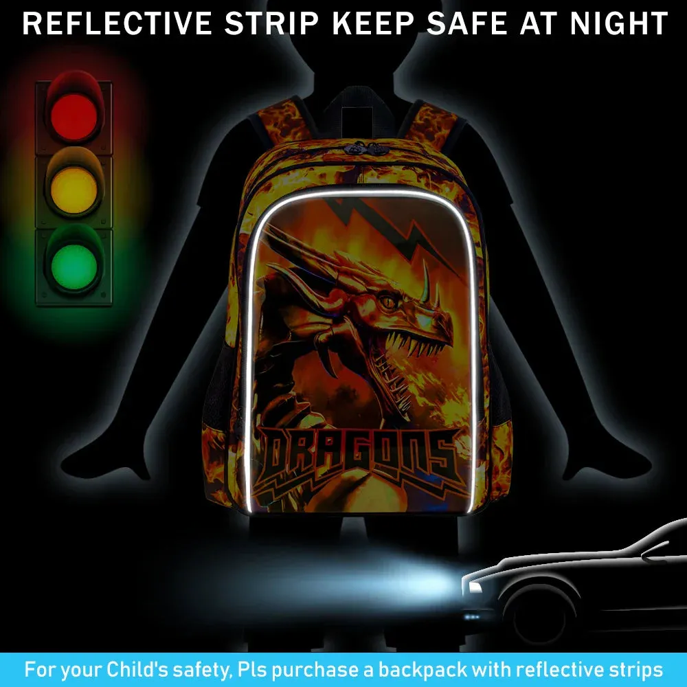 3 Piece Boys Backpack Set For Elementary School Dragon Design