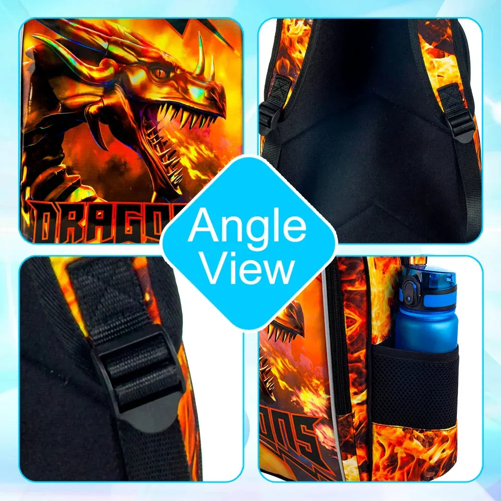 3 Piece Boys Backpack Set For Elementary School Dragon Design