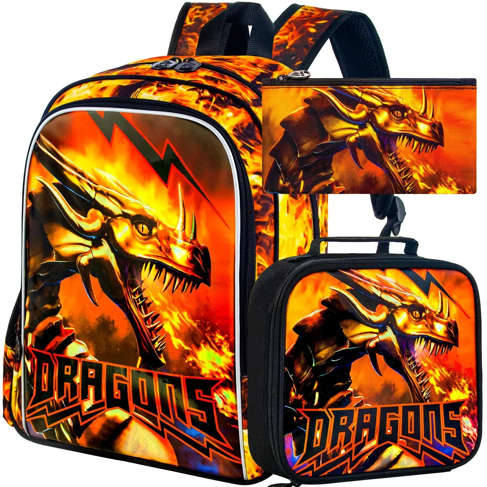3 Piece Boys Backpack Set For Elementary School Dragon Design