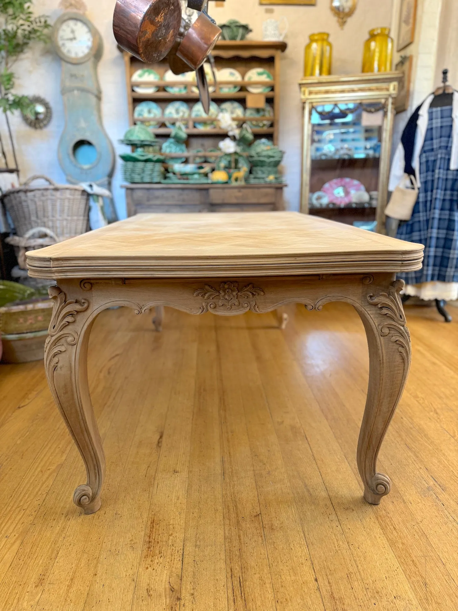 Antique French Louis XV Walnut Marquetry Top Extension Dining Table