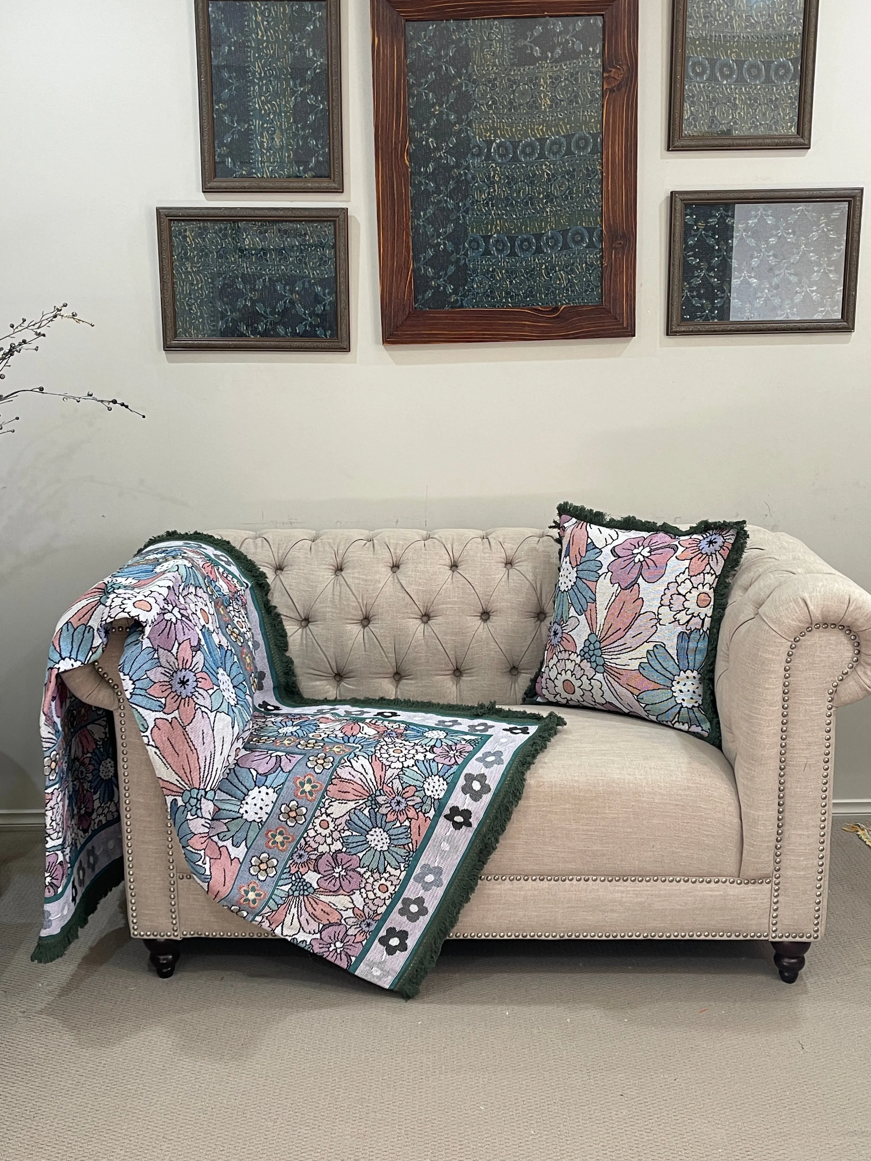 Classical Blossom Cotton Reversible Tapestry Picnic Throw