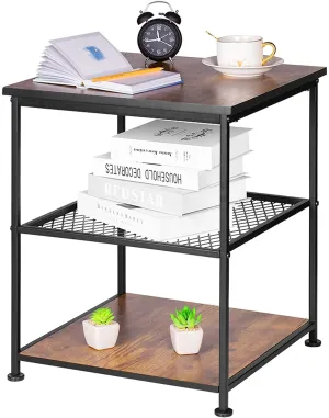 INDIAN DECOR.® 45677 Vintage Industrial End Table, 21 Inch Square Side Table Modern Night Stand With 3-Tier Storage Shelf,Coffee Tea End Table For Living Room, Bedroom, Sturdy Structure, Black (Metal)