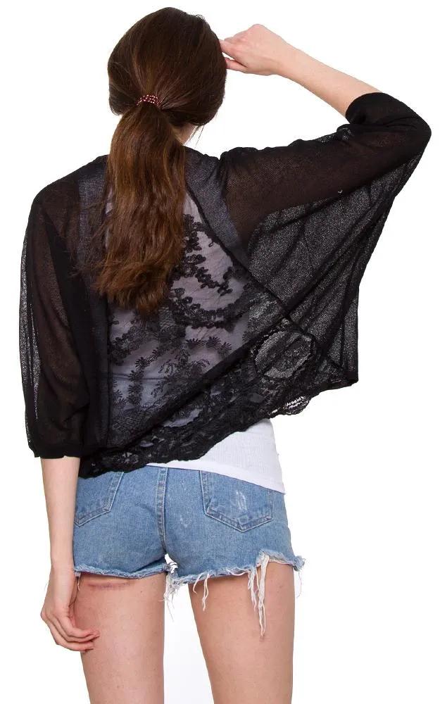JP800 Solid Sheer Mesh Back Floral Embroidery Cardigan