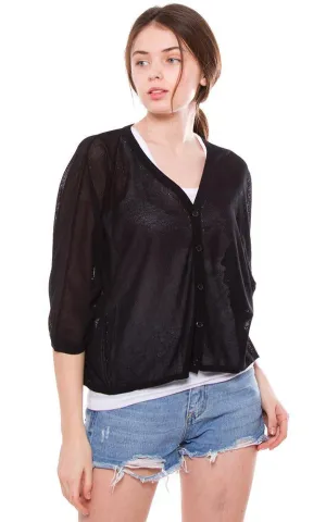 JP800 Solid Sheer Mesh Back Floral Embroidery Cardigan