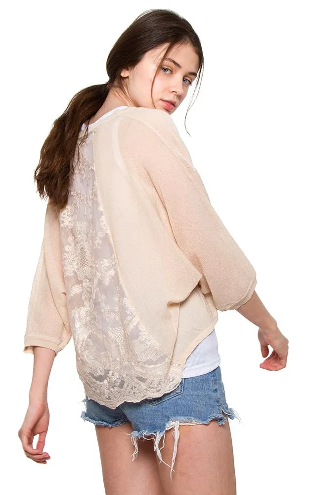 JP800 Solid Sheer Mesh Back Floral Embroidery Cardigan