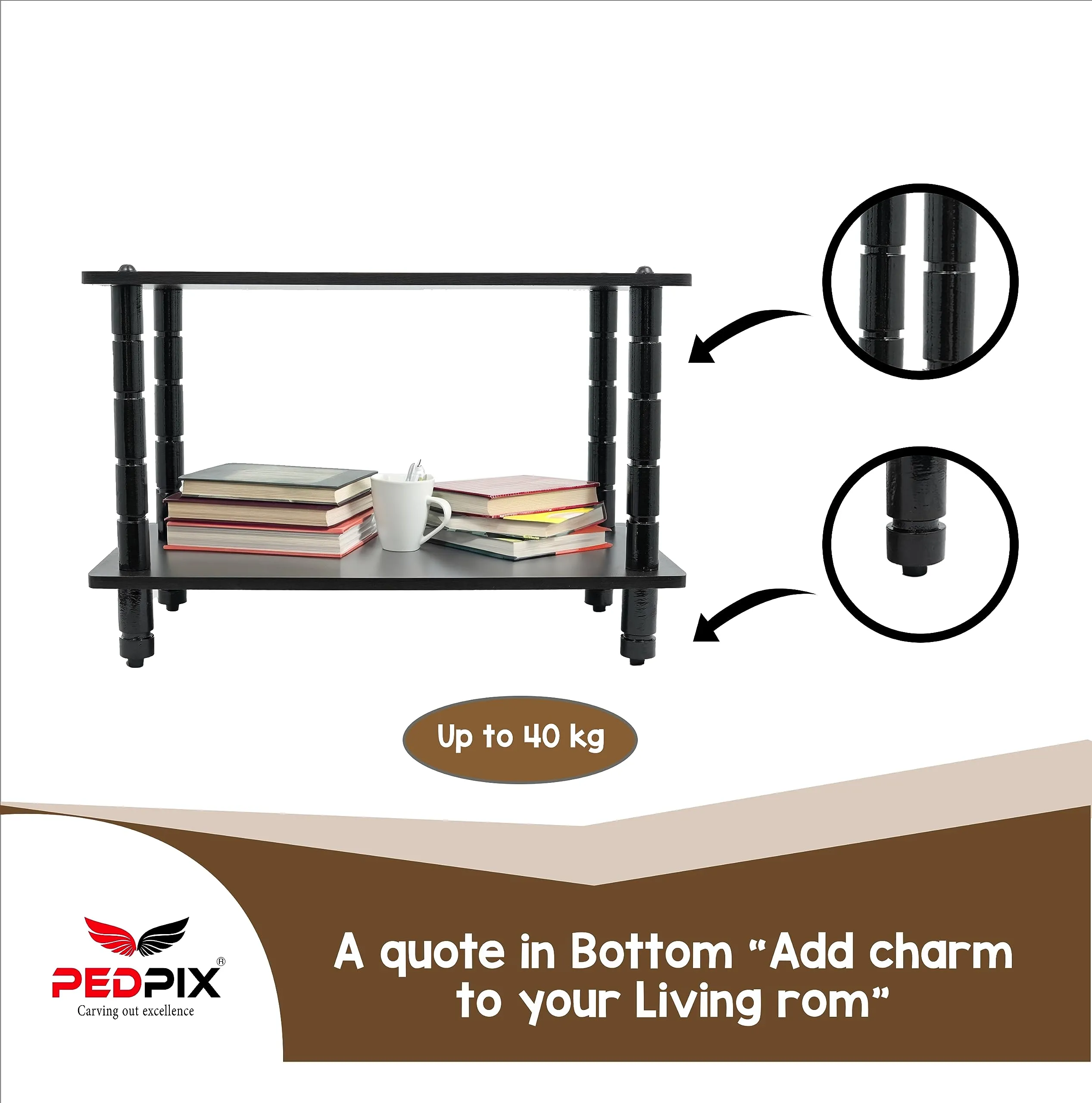 PEDPIX Coffee Table - Engineered Wood Tea Table with Storage Shelf or Drawers - Modern Wooden Tea Table for Living Room, Bedroom, or Office - Easy to Assemble