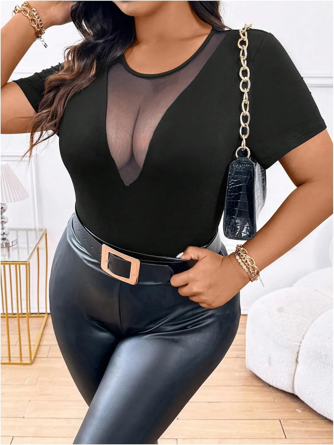 Women's Plus Size Sheer Mesh T Shirt Short Sleeve Crewneck Slim Fit Summer Tee Tops