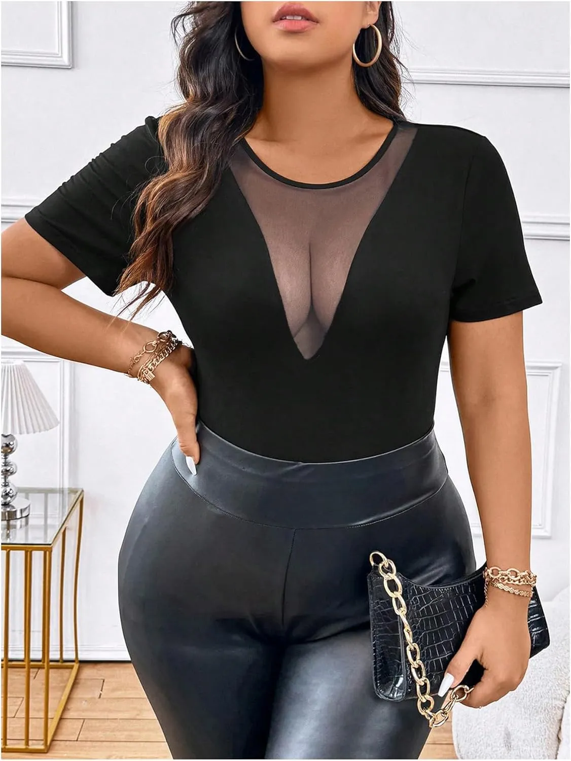 Women's Plus Size Sheer Mesh T Shirt Short Sleeve Crewneck Slim Fit Summer Tee Tops